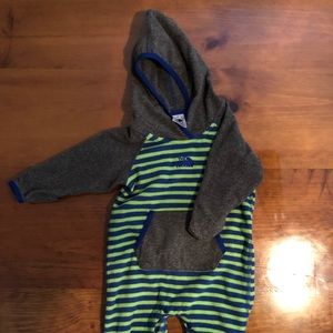 blue and green with gray sleeve fleece one piece